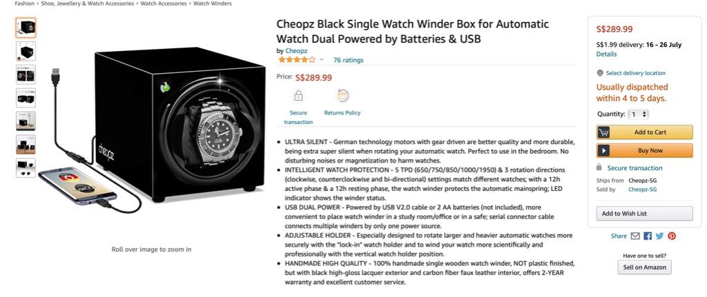 Cheopz Black Single Watch Winder Box for Automatic Watch Luxury