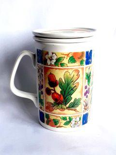 Fall-themed infuser mug with lid/coaster, ceramic, 10 oz. capacity, never used