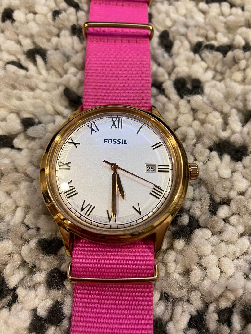 Fossil hot pink cloth strap women watch 