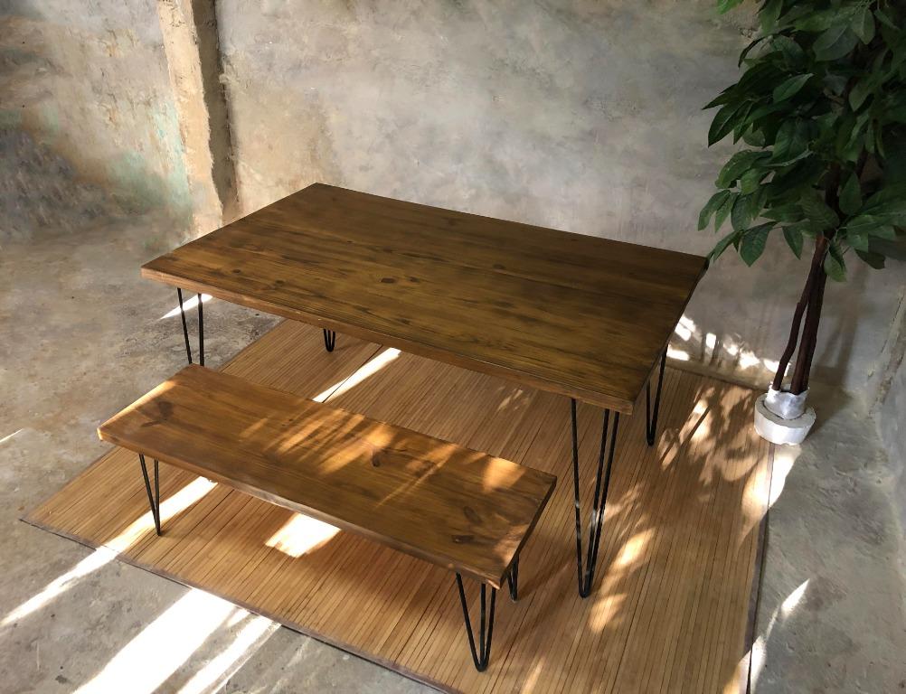 Modern Dining Table (Category: Tables & Sets) located in Pasig City. Submitted by holzph (Listing ID 1095929212, Image 3). Description: This custom dining table stands at 3ft wide x 5ft long. Showcasing its rustic yet modern designed hairpin legs, this table can sit 4-6 people. Table Measurement: Length: 152cm / 5ft Width: 91cm / 3ft Height: 76cm / 30” Thickness: 3.8cm / 1.5” Bench Measurements: Length: 146cm / 4’10” Width: 38cm / 15” Height: 46c