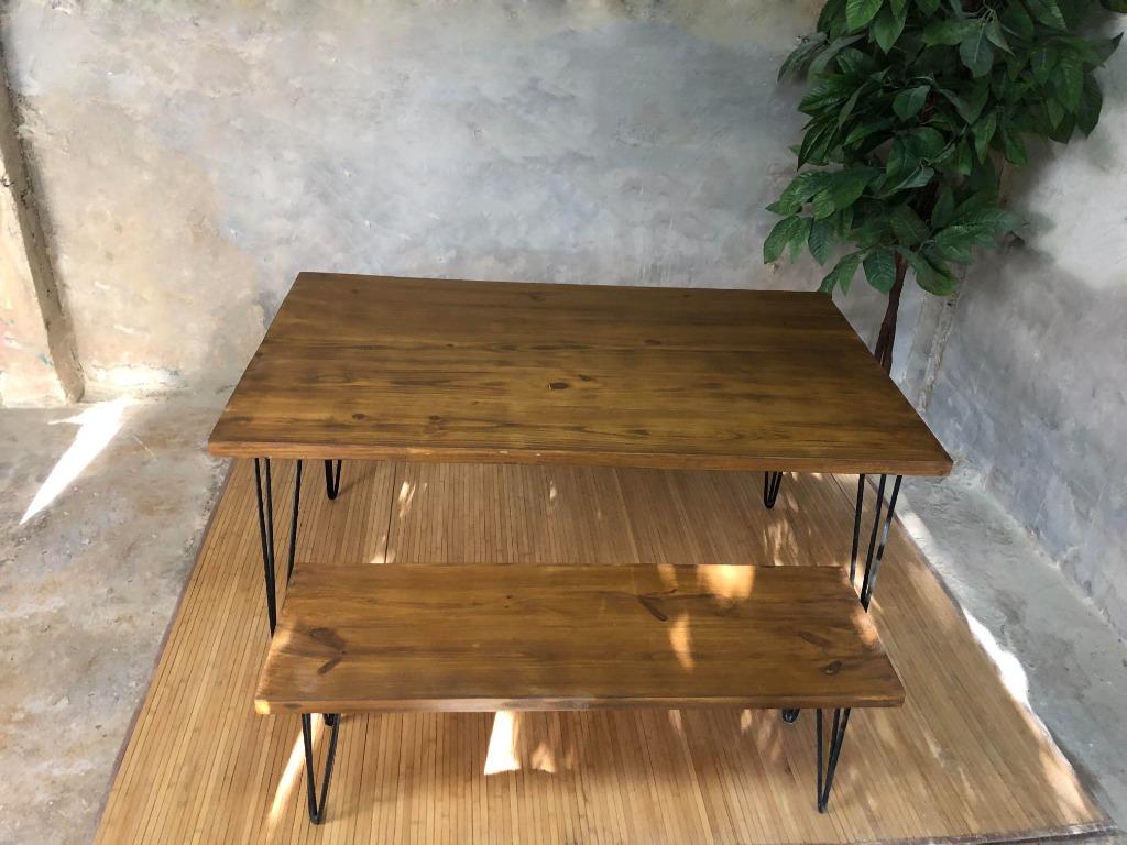 Modern Dining Table (Category: Tables & Sets) located in Pasig City. Submitted by holzph (Listing ID 1095929212, Image 2). Description: This custom dining table stands at 3ft wide x 5ft long. Showcasing its rustic yet modern designed hairpin legs, this table can sit 4-6 people. Table Measurement: Length: 152cm / 5ft Width: 91cm / 3ft Height: 76cm / 30” Thickness: 3.8cm / 1.5” Bench Measurements: Length: 146cm / 4’10” Width: 38cm / 15” Height: 46c