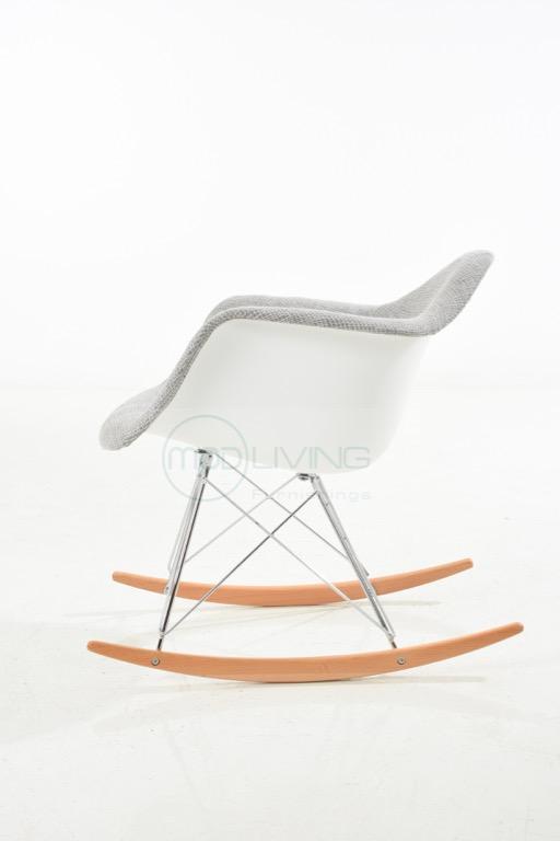 Plastic upholstered Charles Eames rocking Chair (Category: Chairs) located in San Juan City. Submitted by modliving (Listing ID 1095880051, Image 1). Description: Name: Charles rocking Chair tags/; eames chair DSW chair Color: White/gray fabric in metal base Made of virgin Plastic seat w Chrome Steels legs/beech wood legs standard specs and thickness COMMERCIAL STANDARD QUALITY! BEST PRICE GUARANTEED!! BEWARE of cheap undersize version. Your safe