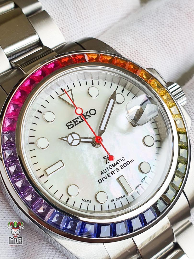 Rainbow Bezel White Mother of Pearl Seiko Mod, Men's Fashion, Watches &  Accessories, Watches on Carousell