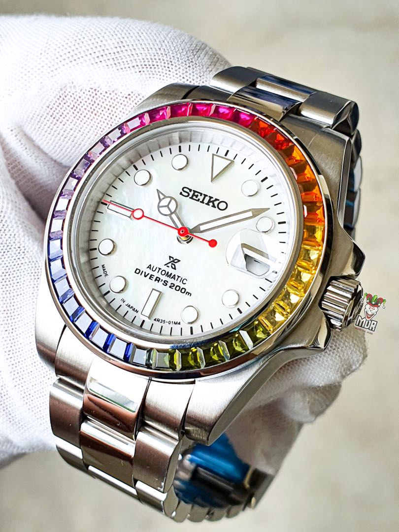Rainbow Bezel White Mother of Pearl Seiko Mod, Men's Fashion, Watches &  Accessories, Watches on Carousell
