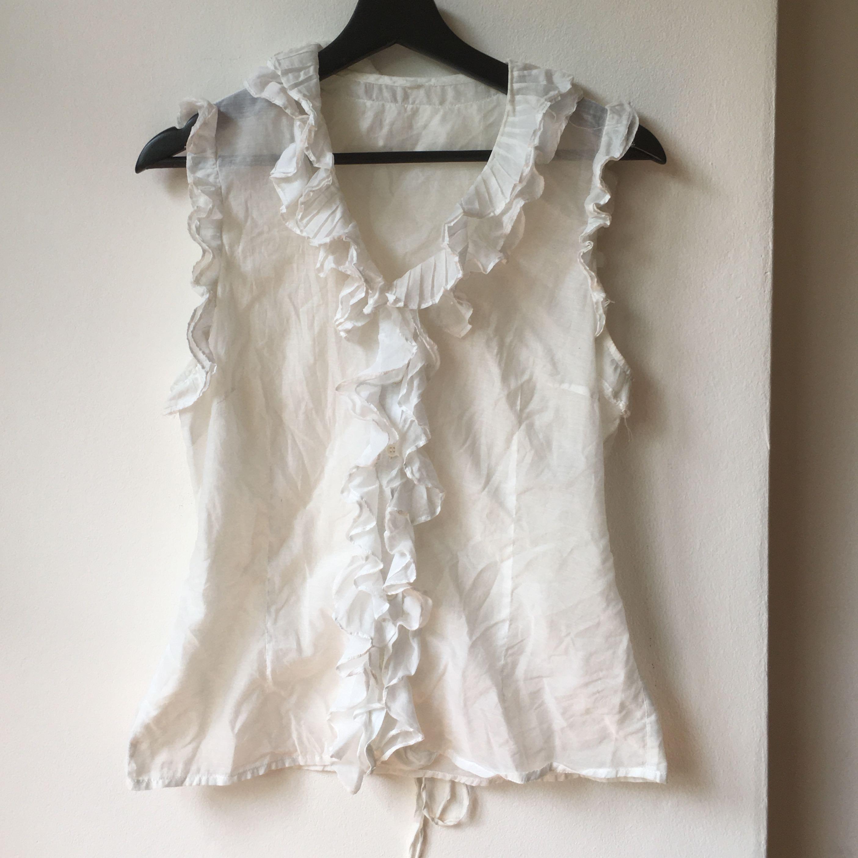 Vintage white ruffle blouse button up, Women's Fashion, Tops, Blouses on  Carousell