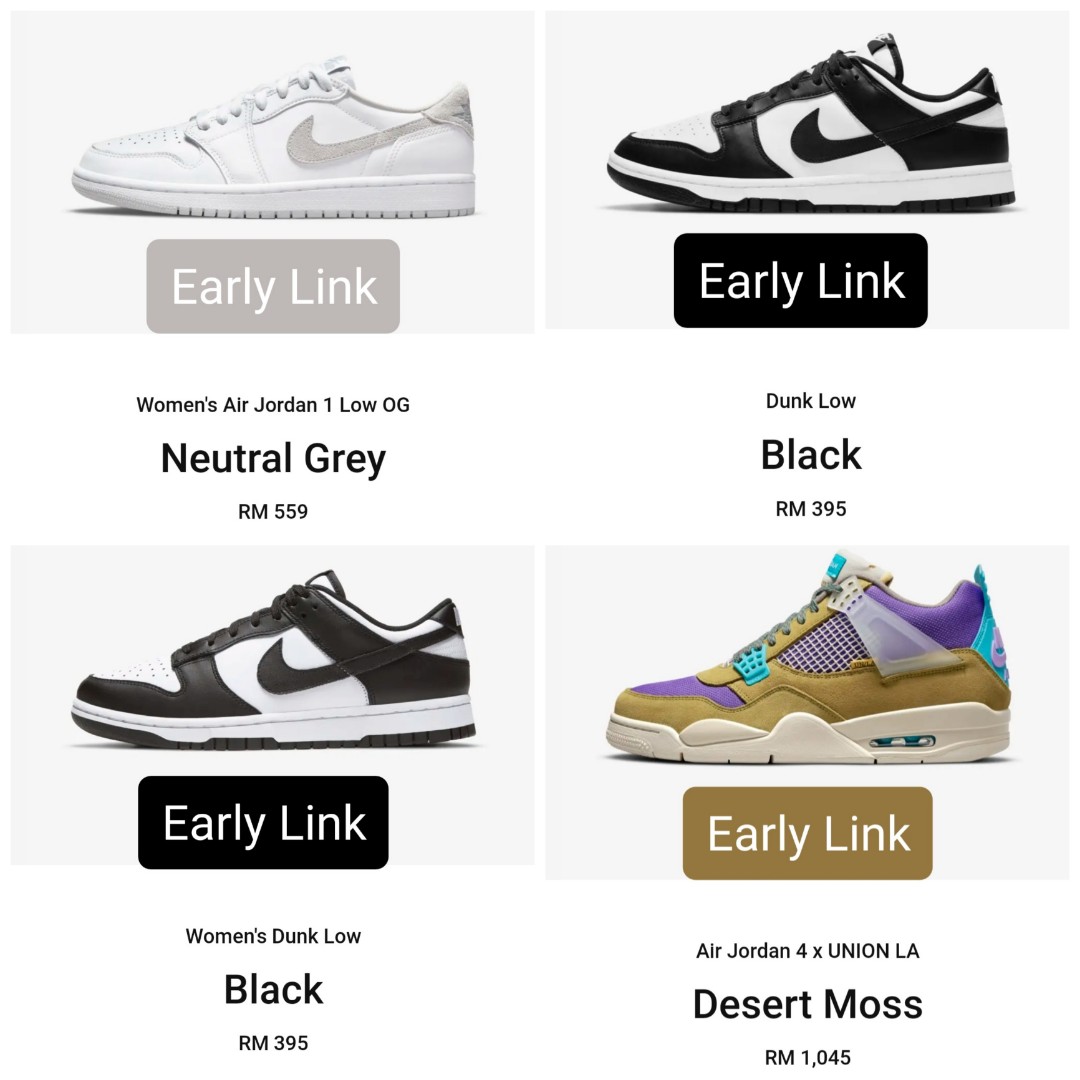 WTS Nike Early Link Hype Sneakers 👟Aj4 Union LA, Dunk low Panda, Aj1 Low  OG🔥🔥🔥, Men's Fashion, Footwear, Sneakers on Carousell