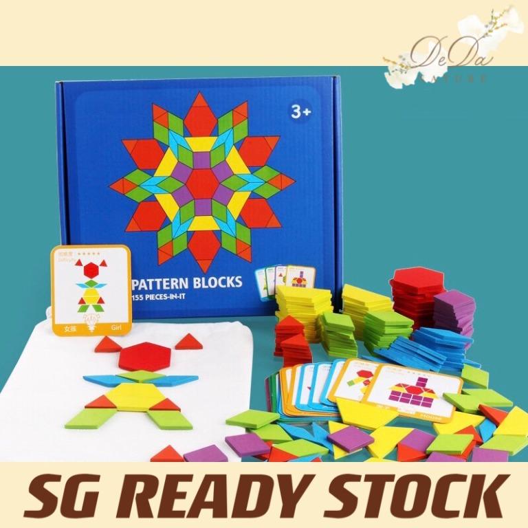 Geometric Shapes Tangram Puzzle Classic Educational Montessori Toys for Toddlers 3 Years Old Brain Teasers for Kids with 24 Cards WOOD CITY Wooden Pattern Blocks Set 130 Pcs 
