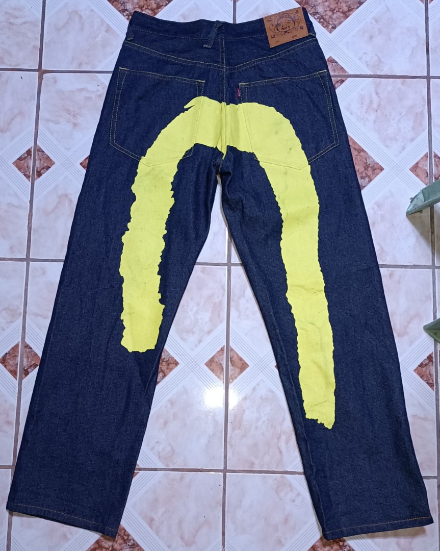 1990s EVISU Yellow painted diacock jean, Men's Fashion, Bottoms 