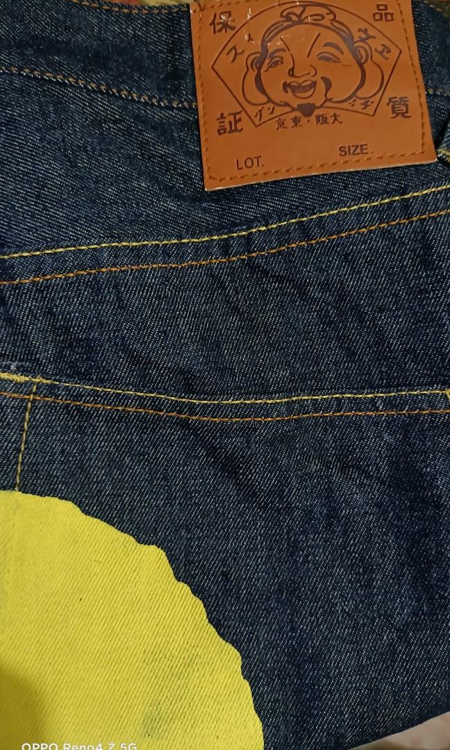 Jean Evisu Painted Gull Jaune Taille 33x34 - Style Y2K, Coupe Classique - Coton, Fermeture Bouton Et Zippée - Occasion Très Bon État FR42