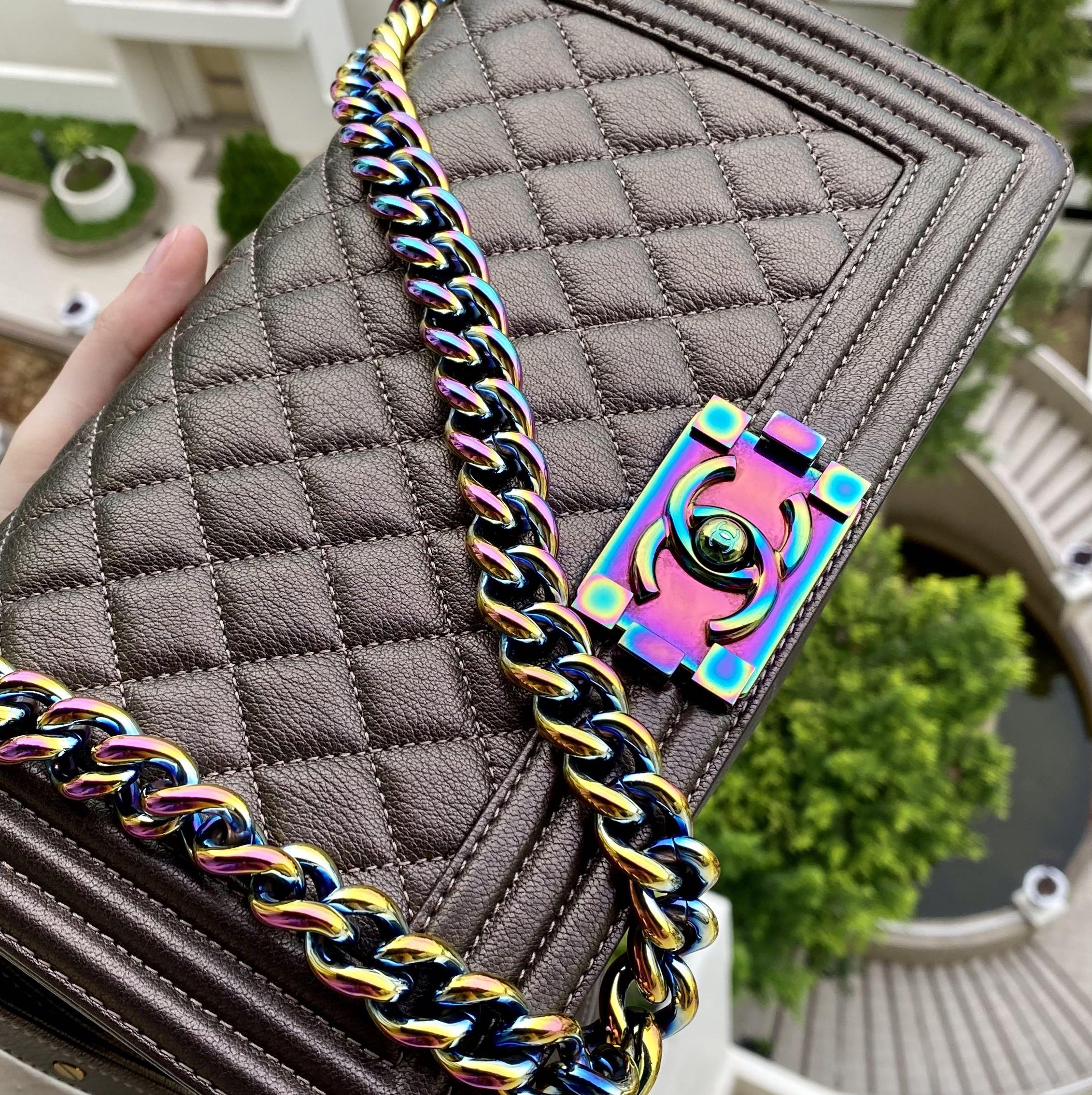 Authentic Chanel Boy Iridescent Bronze Rainbow Hardware Flap Bag