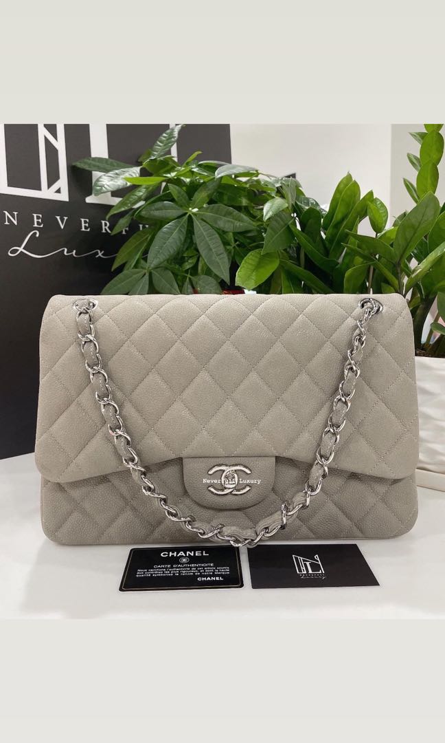 Chanel Classic Jumbo Double Flap 12B Grey Suede Caviar Bag Luxury