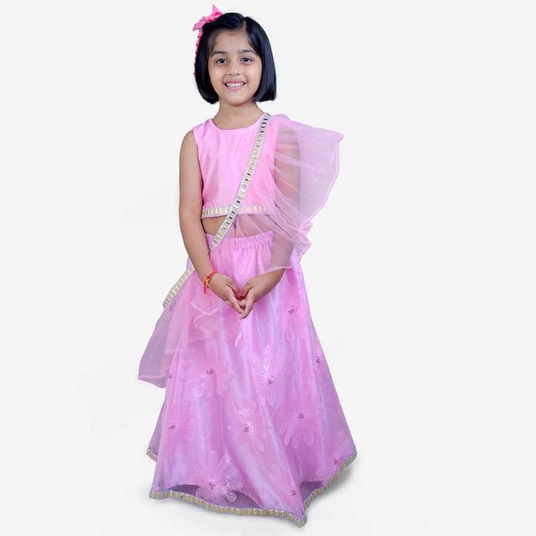 Flower Lehenga Choli with Cross Dupatta Baby Pink, Babies Kids