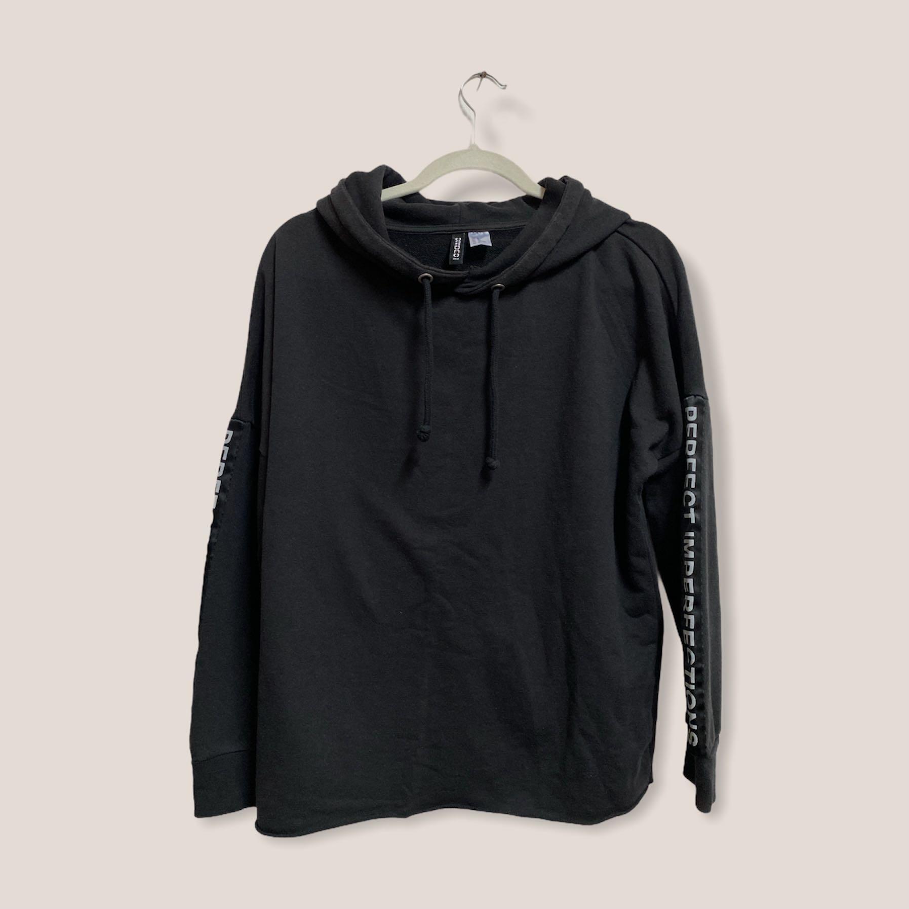 H&M Hoodie (Category: Longsleeves) located in Angeles City. Submitted by chaqi (Listing ID 1096213863, Image 1). Description: ✨ decluttering sale ✨ H&M Black Drawstring Hoodie Perfect Imperfections text detail on sleeves > oversized fit flaws: none.