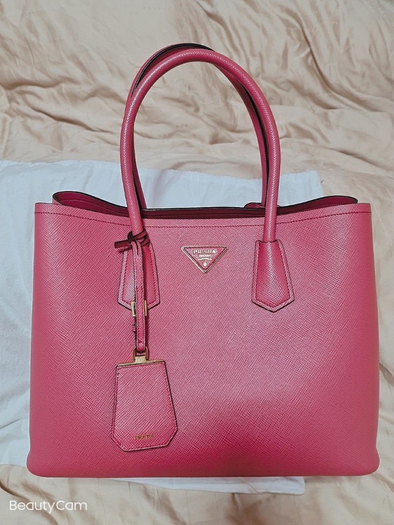 At Auction: Prada Cuir Double Tote Saffiano Leather Large Pink