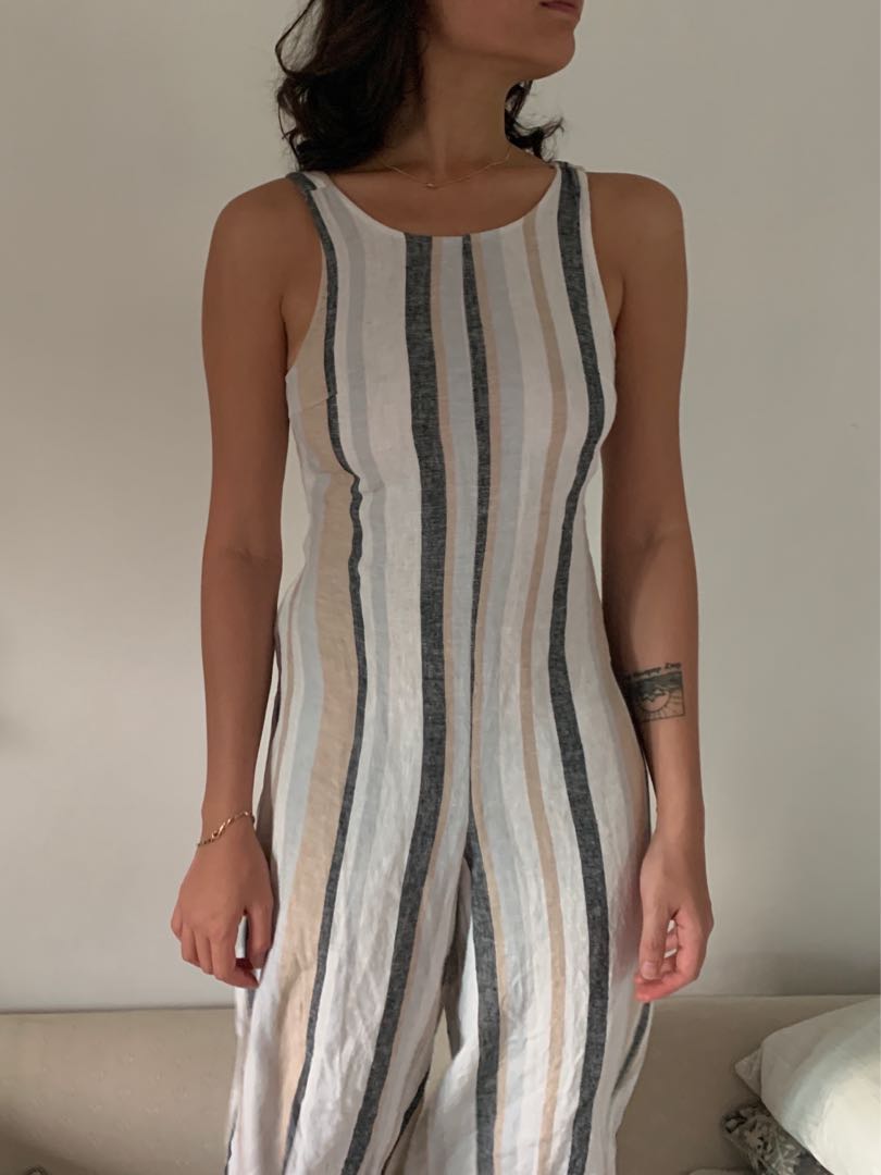 Topshop linen striped backless jumpsuit Women s Fashion Dresses