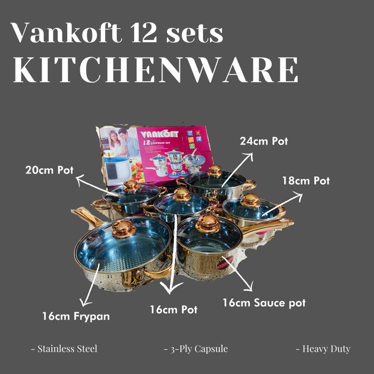 Vankoft kitchenware 12 sets (Category: Cookware & Accessories) located in Quezon City. Submitted by pennpenn (Listing ID 1096129836, Image 1). Description: Warehouse sale!!! Vankoft 12sets kitchenware All pots has its own cover.