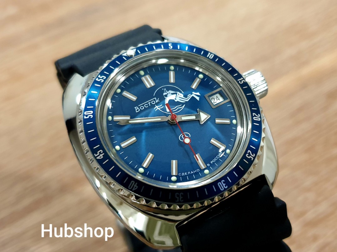 VOSTOK Sea Captain Amphibian Automatic Self-Winding 40mm Diver Wrist  Watch WR 200m Amphibia 420374 Blue Dial Mechanical Watch Lumino並行輸入  メンズ腕時計