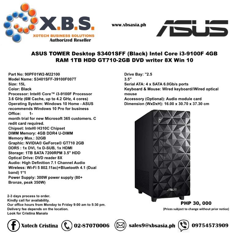 Asus Tower Desktop S3401sff Black Intel Core I3 9100f 4gb Ram 1tb Hdd Gt710 2gb Dvd Writer 8x Win 10 Computers Tech Desktops On Carousell