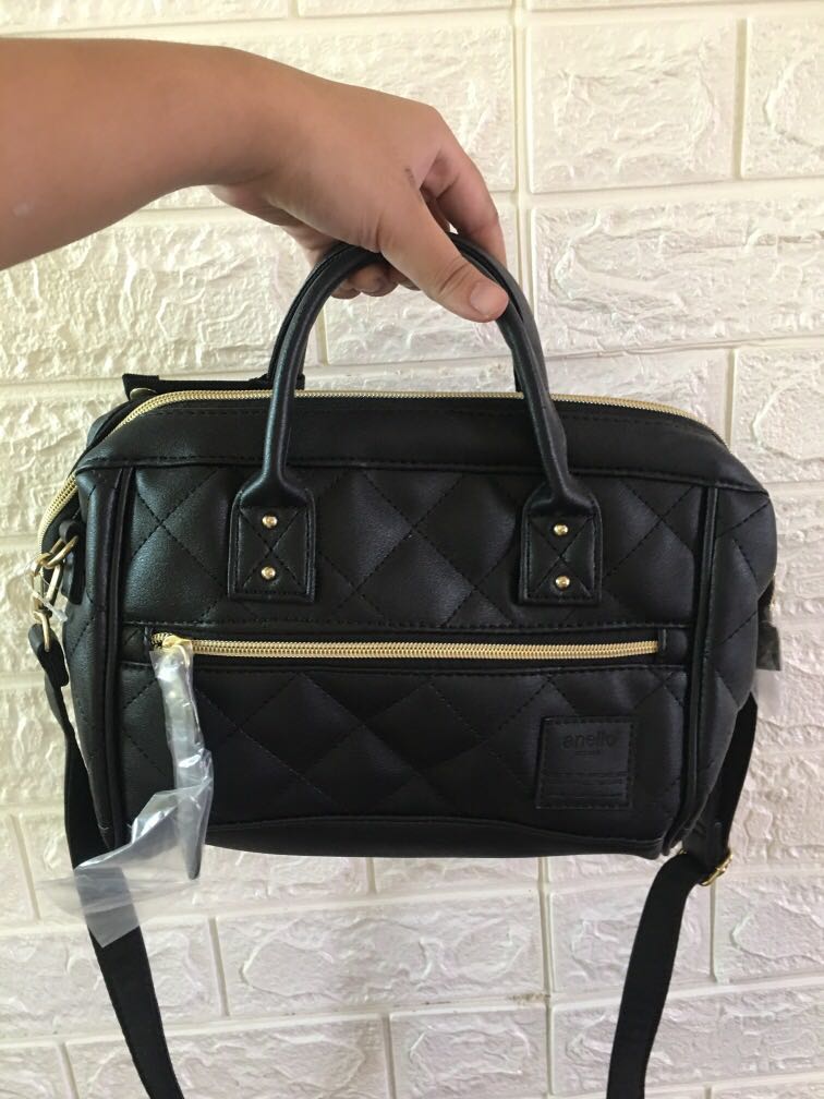 AUTHENTIC ANELLO Black and Gold Tufted Leather Sling Bag and Hand Bag