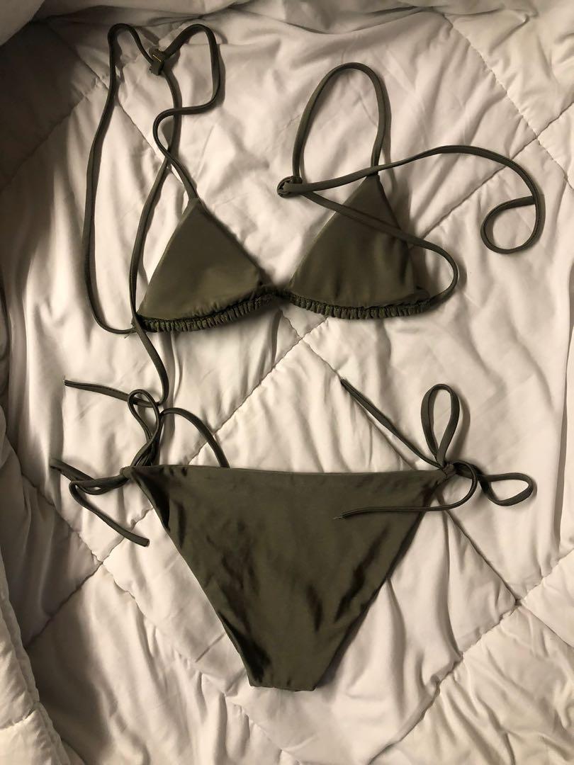 Basic Olive Green String Bikini Set, Women's Fashion, Swimwear, Bikinis ...