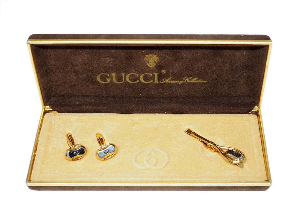 GUCCI Tie Clip Clasp Cufflinks Set GG Logo Gold Silver Color Men's