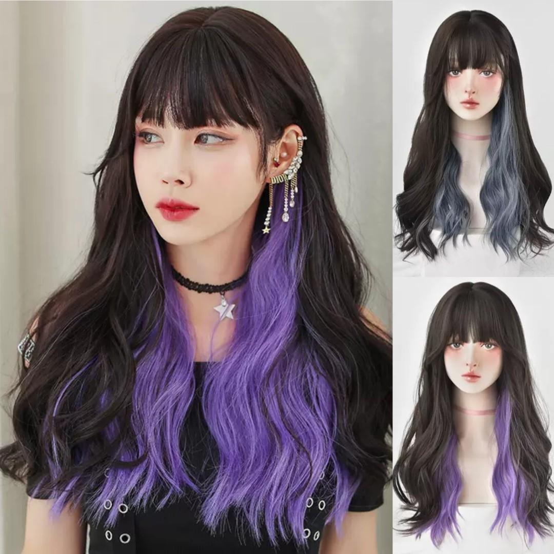 INSTOCKS] Korean Purple/Ashy Blue Highlights Brown Black Natural Curly Wavy  Airy Bangs Long Hair Wig Adjustable/Breathable, Beauty & Personal Care, Hair  on Carousell