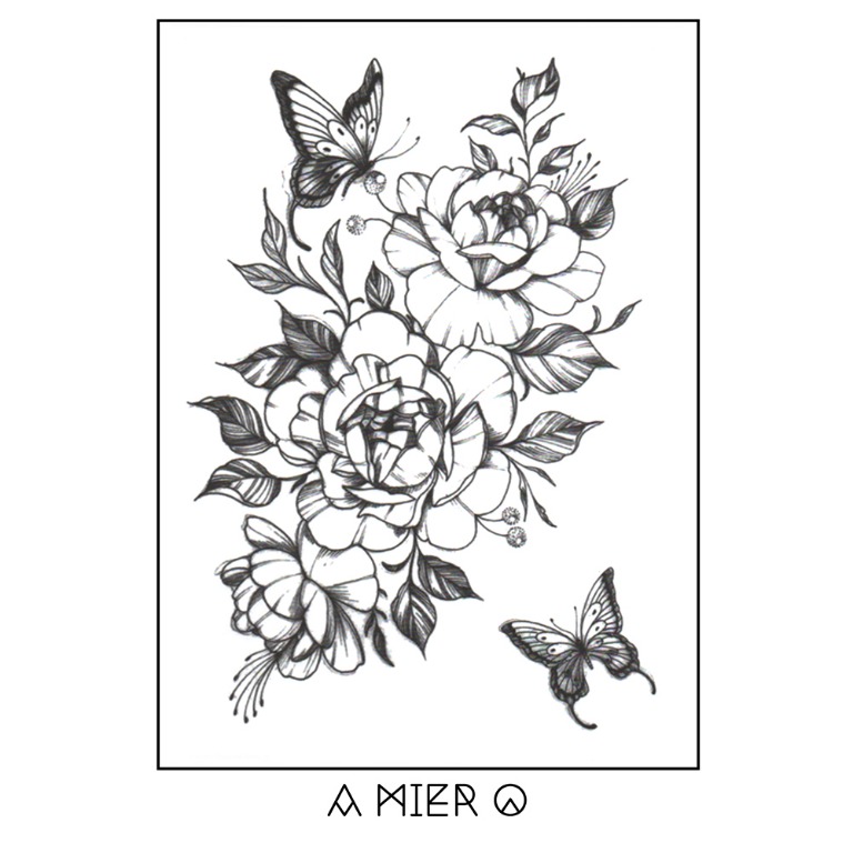 Temporary Tattoo Black Ink Flower Tattoo (No.41), Women's Fashion
