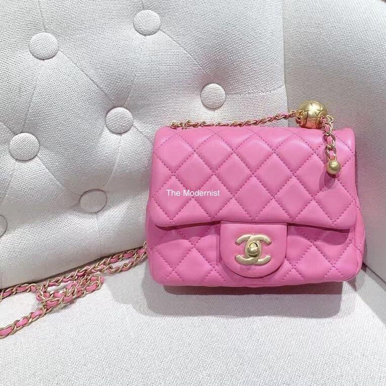 Authentic Chanel Gold Pearl Crush Pink Lambskin Square Mini Chain Flap Bag  Gold Hardware
