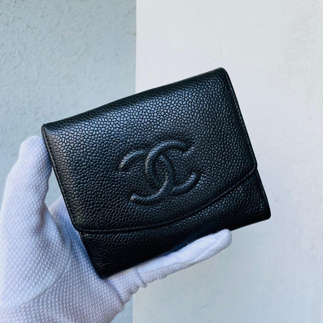 Chanel Vintage Black Gold Hardware Caviar Compact Bifold Wallet Authentic