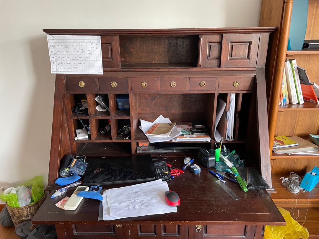 Vintage teak secretary desk (brass knobs), Furniture & Home Living
