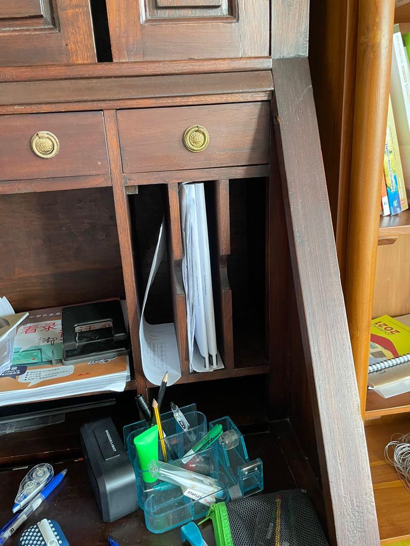 Vintage teak secretary desk (brass knobs), Furniture & Home Living