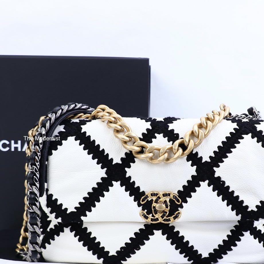 Authentic Chanel 19 White Calfskin Bag Black Crochet AS1160