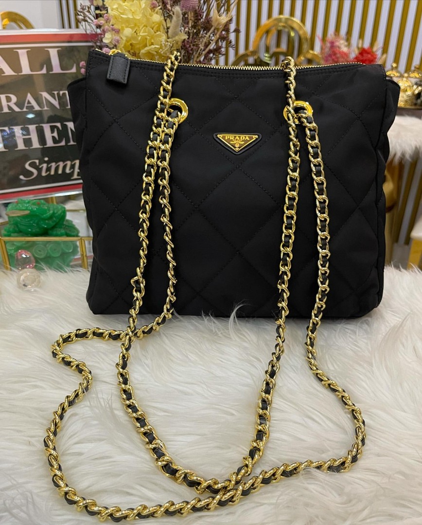 Prada Black Quilted Nylon Long Chain Tote, Luxury, Bags & Wallets on  Carousell
