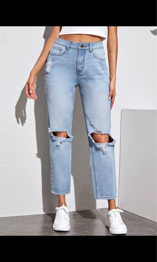 Blue ripped jeans shein clearance