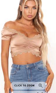 Taupe. Crop Top Off Shoulder Ruched Detail Lace Trim Satin fashion Nova
