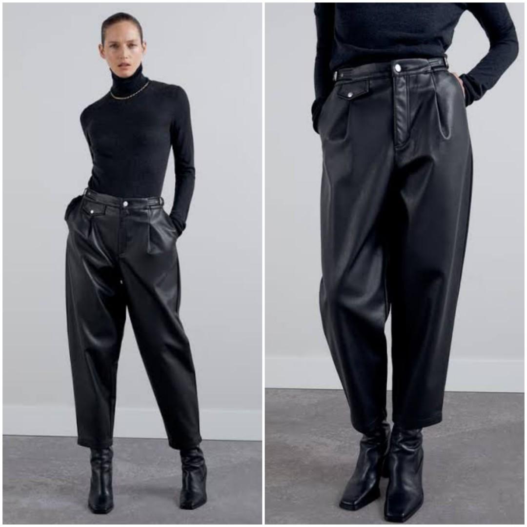 Zara Slouchy Faux Leather Pants, Fesyen 