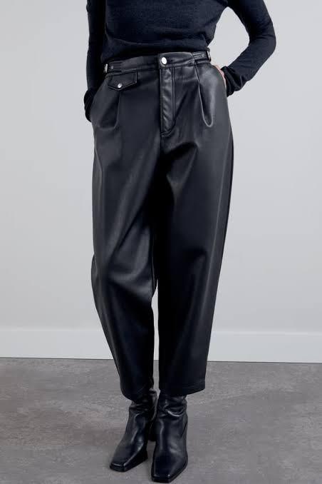 Zara Slouchy Faux Leather Pants, Fesyen 