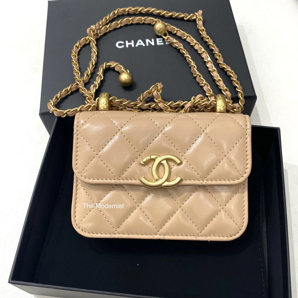 Authentic Chanel Flap Coin Purse With Chain Beige Calfskin AP2290