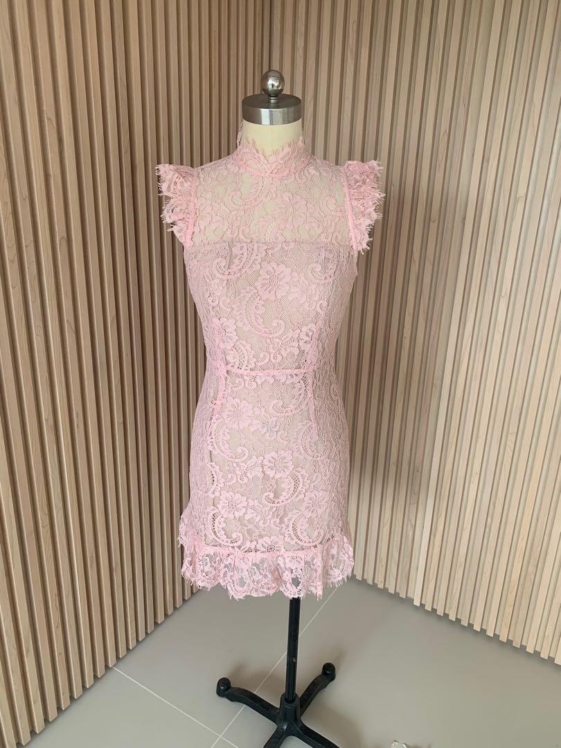 BNWT AIJEK into the night pink lace dress mandarin collar M L