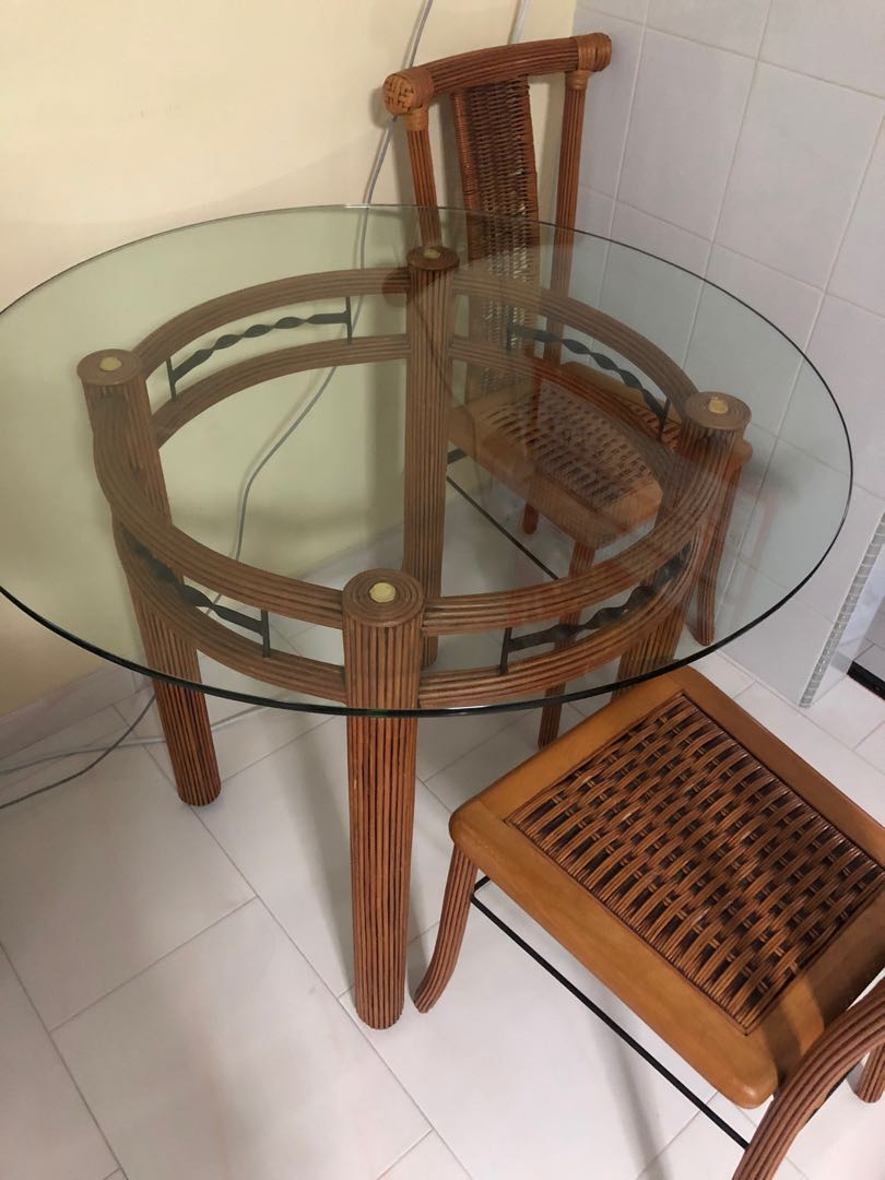 Glass Top Round Ratten Table + 4 Chair Set, Furniture & Home Living ...
