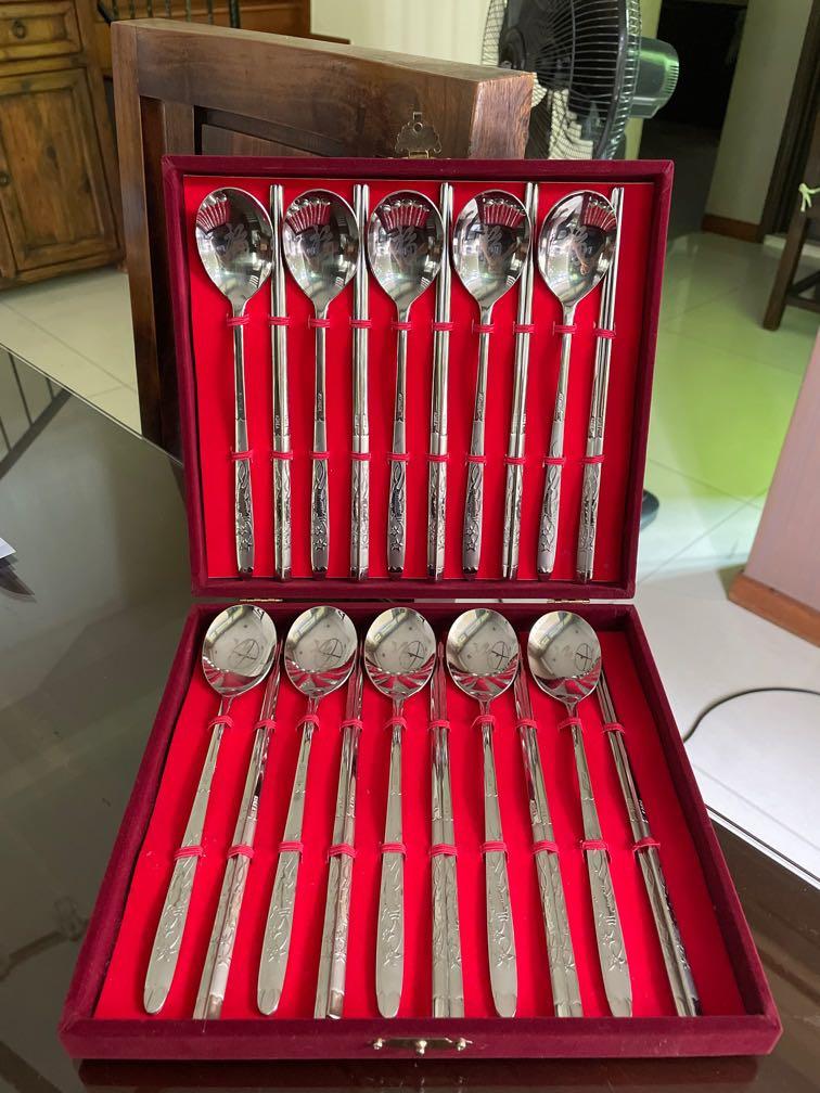 Korean stainless steel chopsticks spoon gift set in velvet box 2 designs 