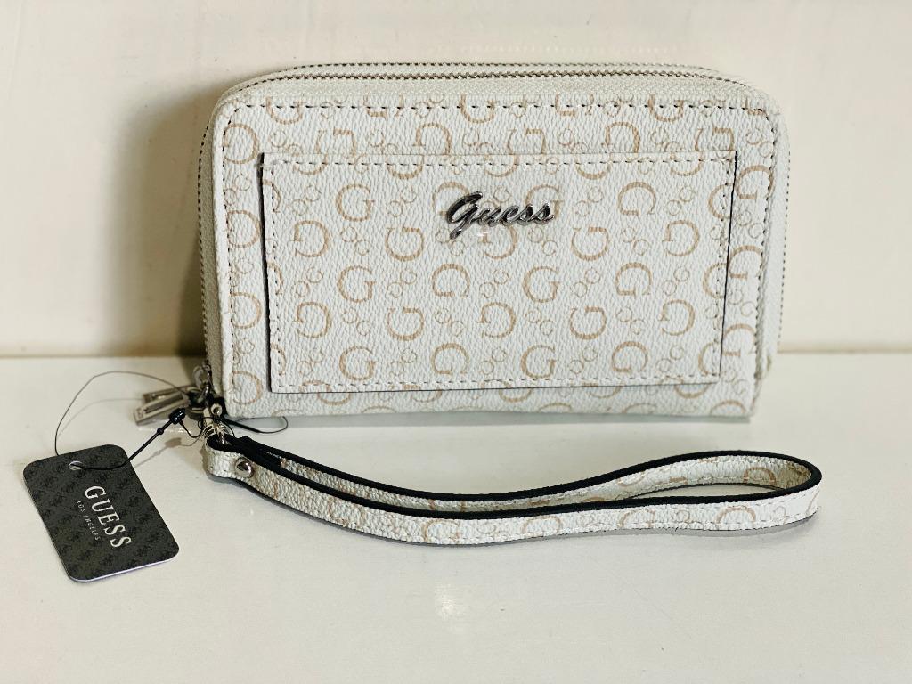 NEW GUESS WELLMAN WHITE BROWN SIGNATURE LOGO DOUBLE ZIP WALLET