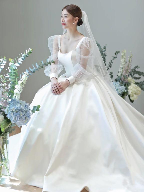 pre order white long sleeve satin wedding bridal dress gown
