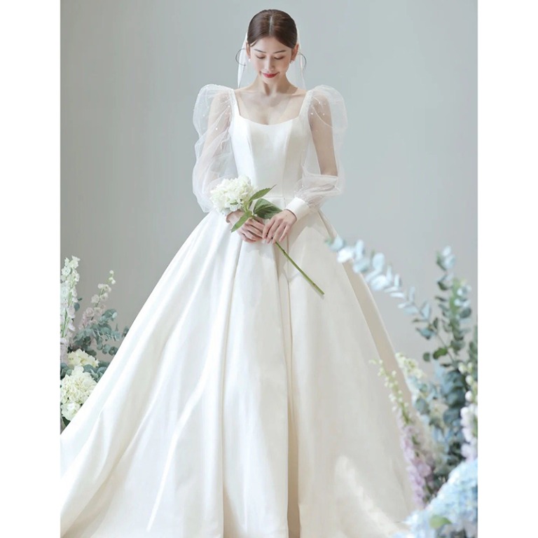 pre order white long sleeve satin wedding bridal dress gown RBP1650