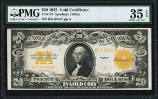[RARE PMG 35EPQ] 🇺🇸1922 [ LARGE SIZE ] Gold Certificate $20 ~ Washington ~ United States of America USA USD US US$ ~ "IN GOLD COIN" Payable To The Bearer On Demand ! No nego thanks !