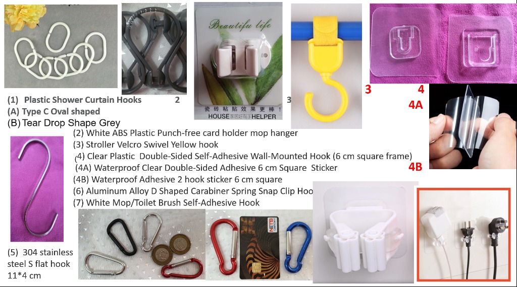 Shower Curtain/Stroller/Adhesive Plastic Hooks/Mop Hook/Carabiner