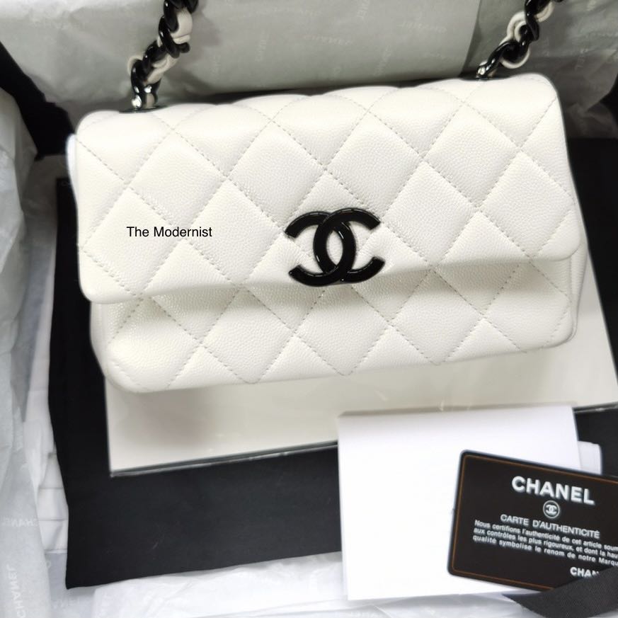 Authentic Chanel Small Flap Bag White Grained Calfskin Black Lacquered  Metal AS2302 B04864 C0200