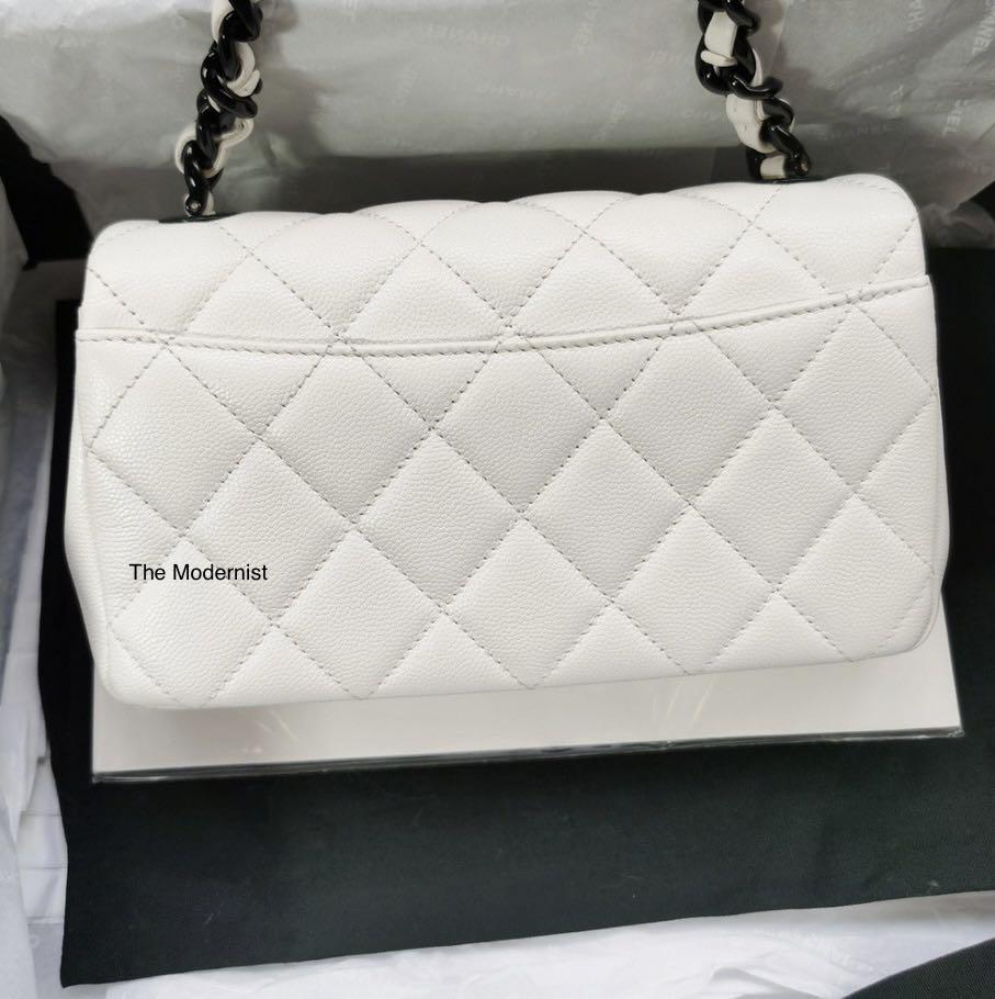 Authentic Chanel Small Flap Bag White Grained Calfskin Black Lacquered Metal AS2302 B04864 C0200