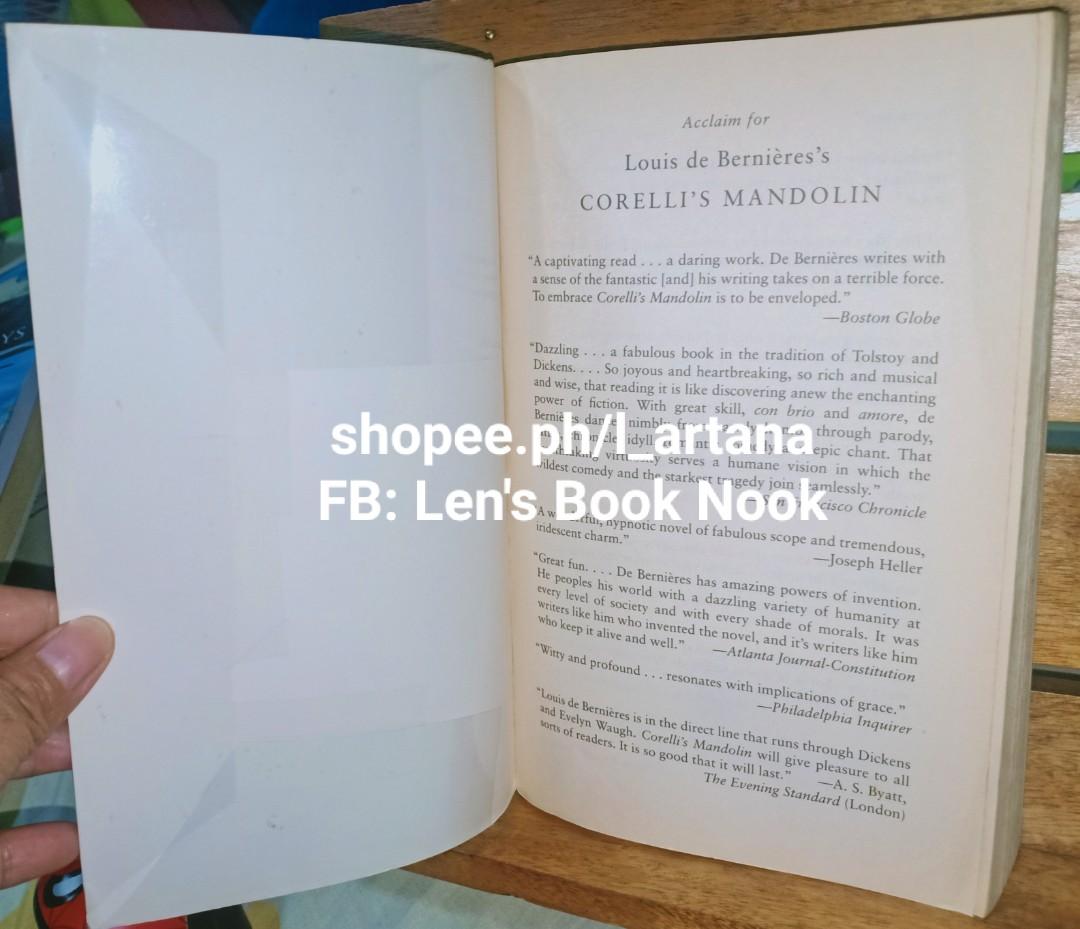 Corelli's Mandolin by Louis De Bernieres (Category: Storybooks) located in Pasig City. Submitted by len_a (Listing ID 1097232259, Image 3). Description: Preloved book TP format Good condition With plastic cover With creases on front and back cover as seen on photos 437 pages .