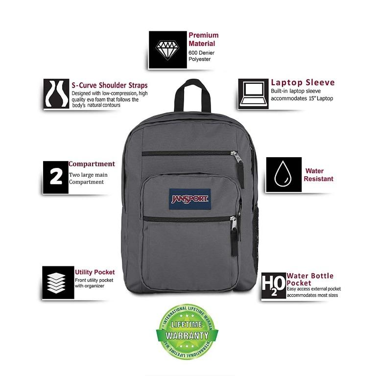 Tas JanSport Big Student Grey Original, Fesyen Pria, Tas